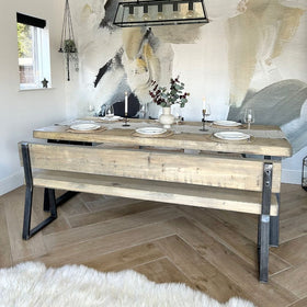 Grey Wash 220cm rustic wood dining table and 190cm bench with back with chunky triangle frame