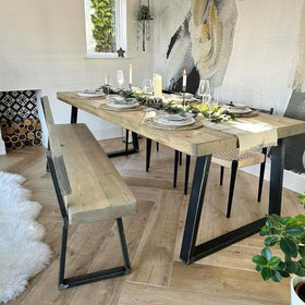 Grey Wash 220cm rustic wood dining table and 190cm bench with back with chunky triangle frame