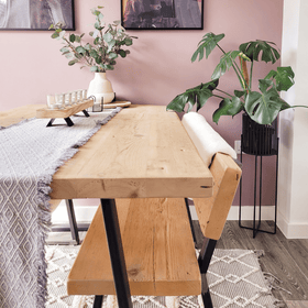 White wash 150cm reclaimed dining table and 120cm bench with back