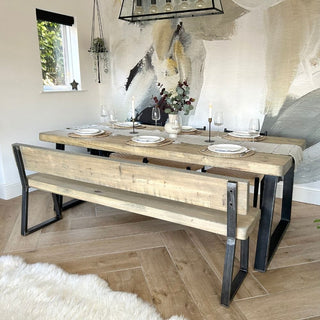 Grey Wash 220cm rustic wood dining table and 190cm bench with back with chunky triangle frame