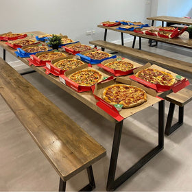 Tri-Frame Industrial Restaurant/Canteen Dining Table - Grey Wash - 300cm x 90cm with matching 270cm x 35cm bench