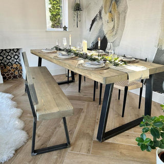 Grey Wash 220cm rustic wood dining table and 190cm bench with back with chunky triangle frame
