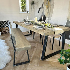 Grey Wash 220cm rustic chunky wood dining table and 190cm bench with back