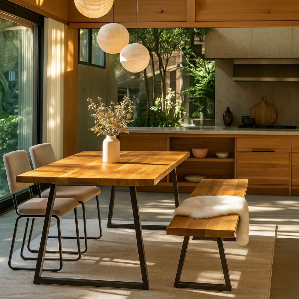 Driftwood 200cm triangle dining table and 170cm bench