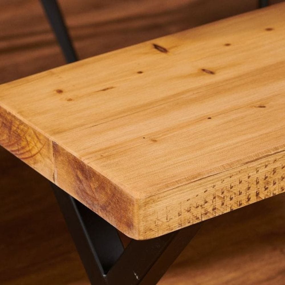 Bespoke rustic wooden bench with a triangle frame.