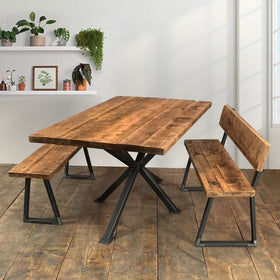 Rugger Brown Reclaimed Dining Table with Matching Bench and Bench With Back