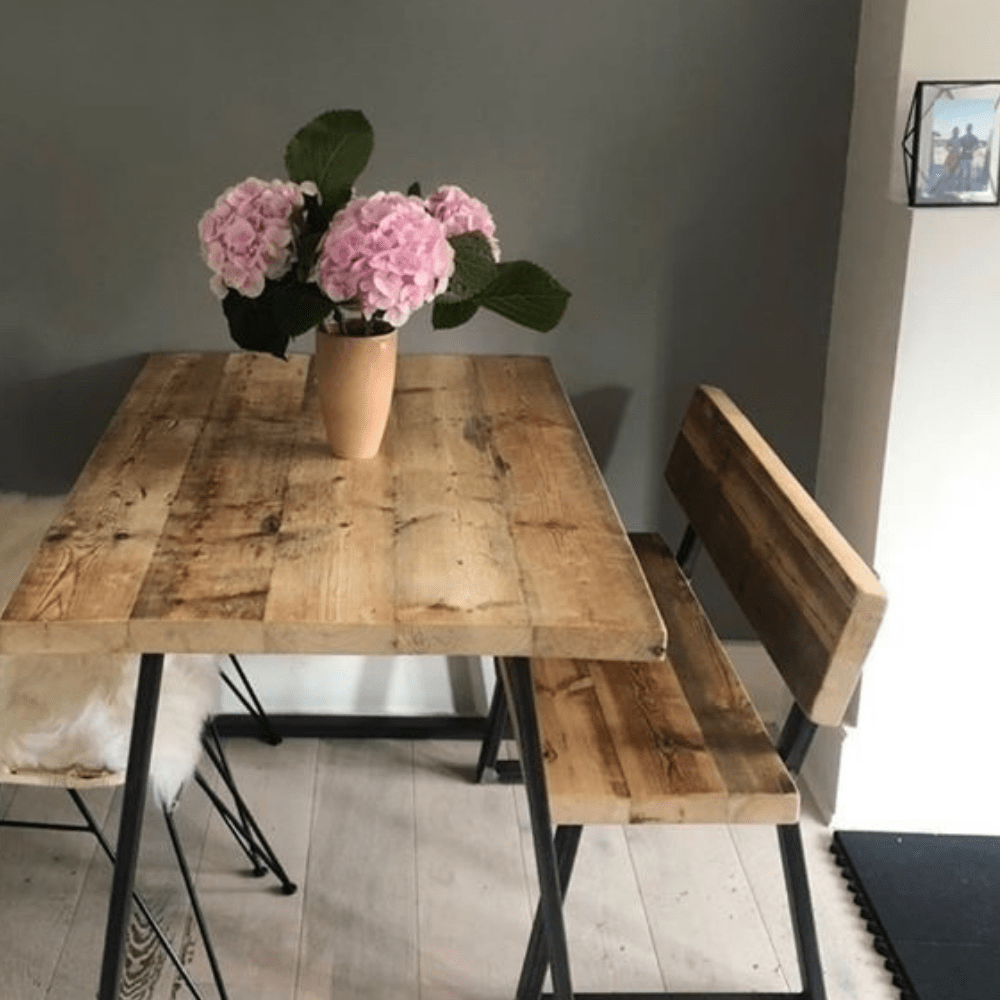 Rugger brown 183cm reclaimed dining table and custom 183cm bench with back