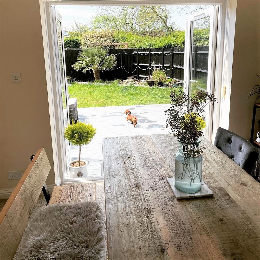 Driftwood 183cm reclaimed dining table and 150cm bench with back