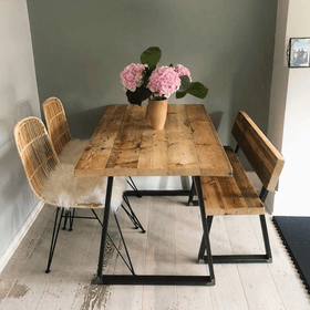 Light driftwood 120cm reclaimed dining table and 90cm bench with back