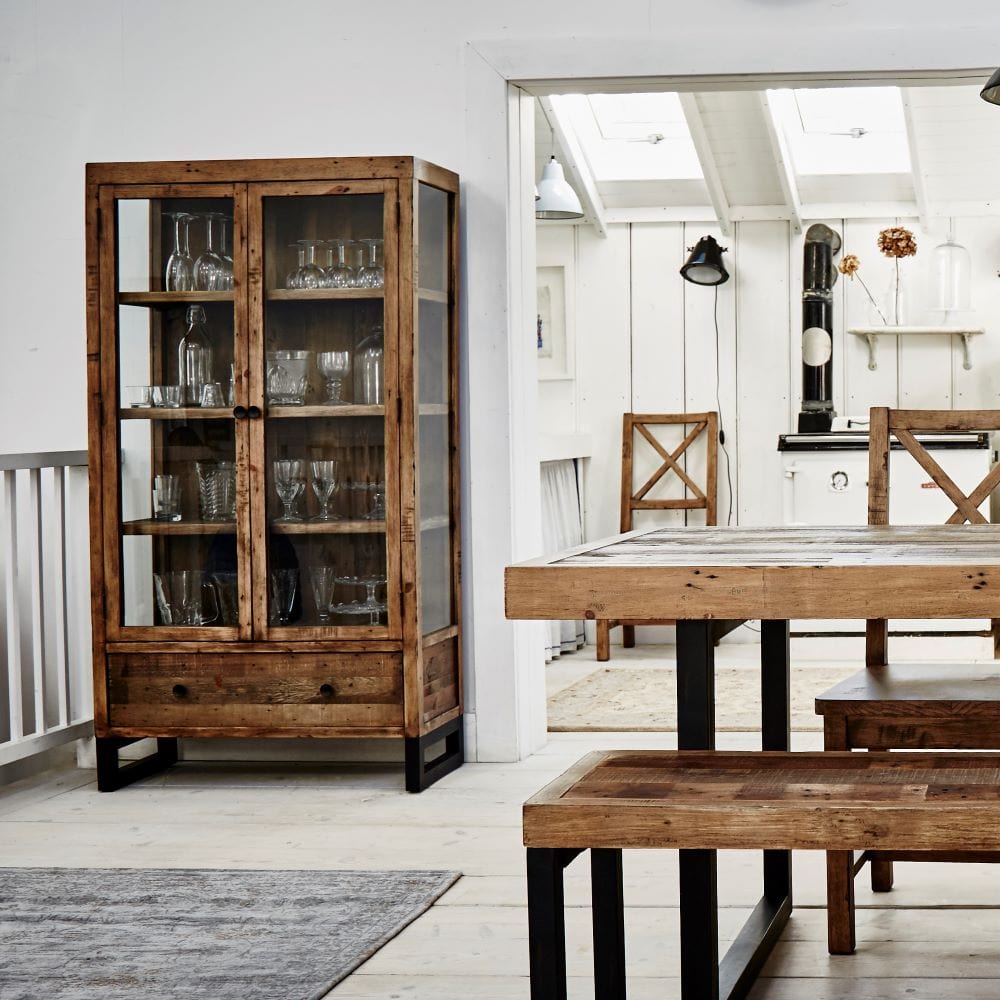 reclaimed display cabinet next to reclaimed table