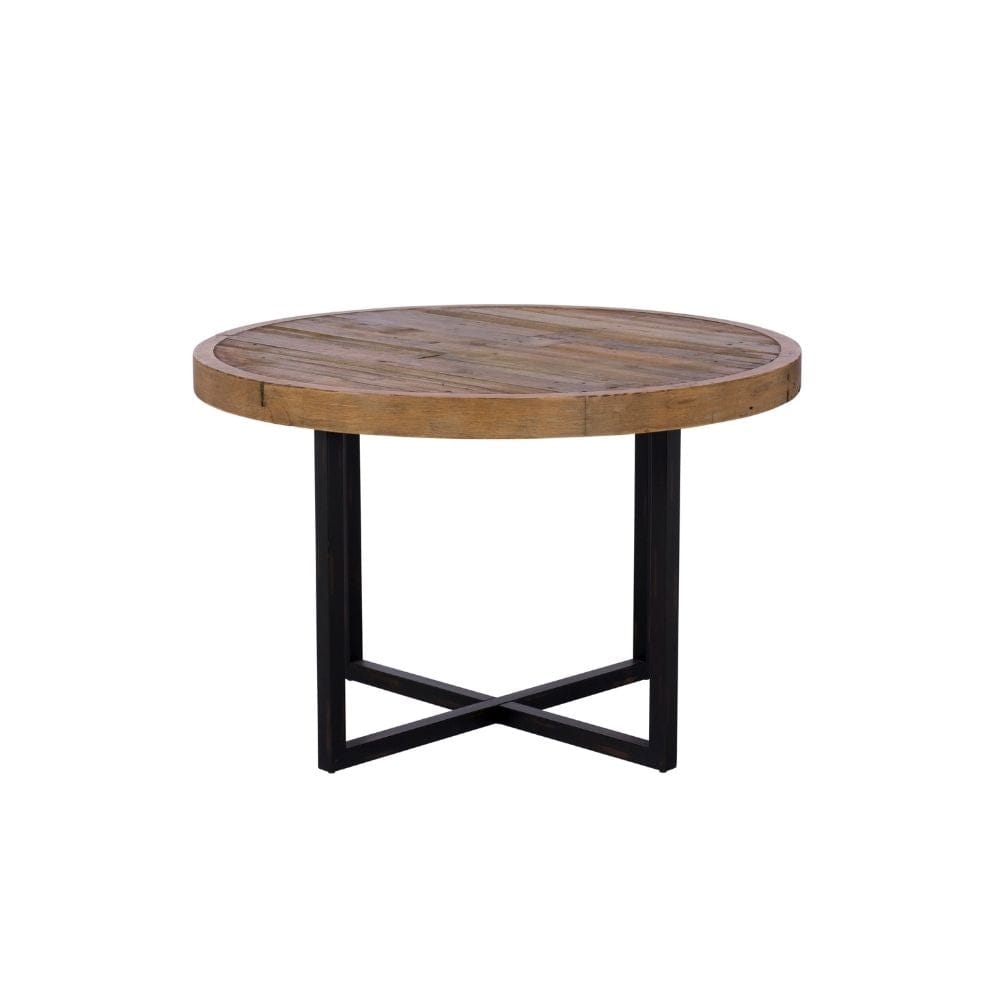 round reclaimed wood dining table with metal base
