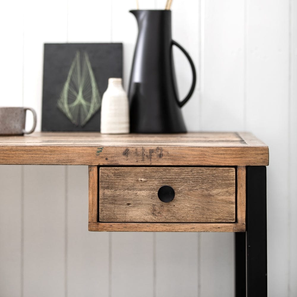 close up of a drawer of a reclaimed desk