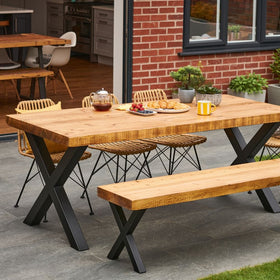 Rugger Brown Chunky Rustic Wood Outdoor Dining Table and Bench